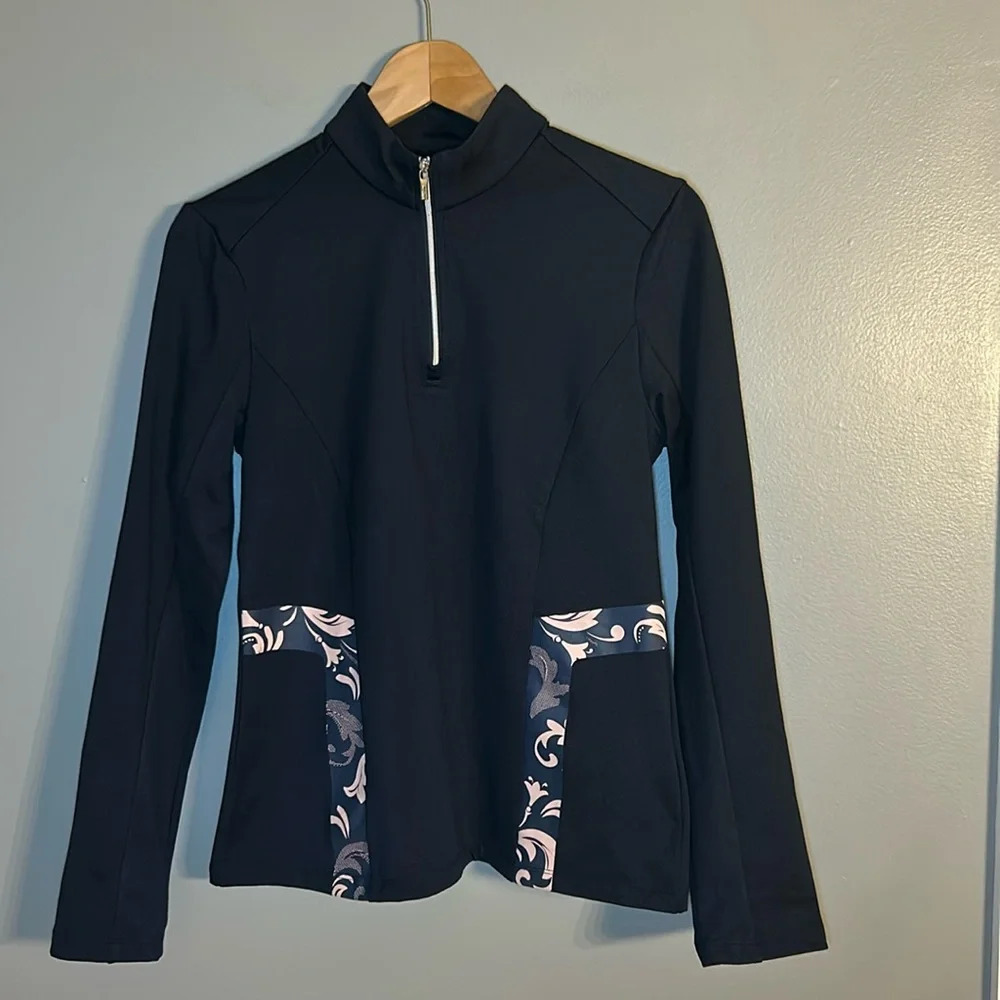 *NWOT* NVO Mock Neck 1/4 Zip Navy Blue, Pink Floral Top, Sz S, Golf Micro-Fleece
